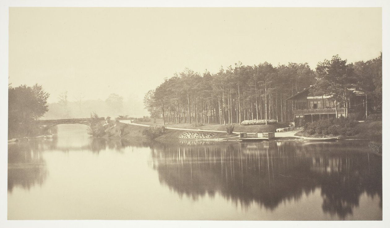 Bez názvu, c. 1850. [Most a chata v Bois de Boulogne, park v Paříži]. od Charles Marville