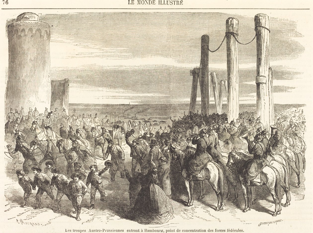 Rakousko-pruská vojska vstupující do Hamburku ... [horní polovina] od Charles Maurand after Godefroy Durand