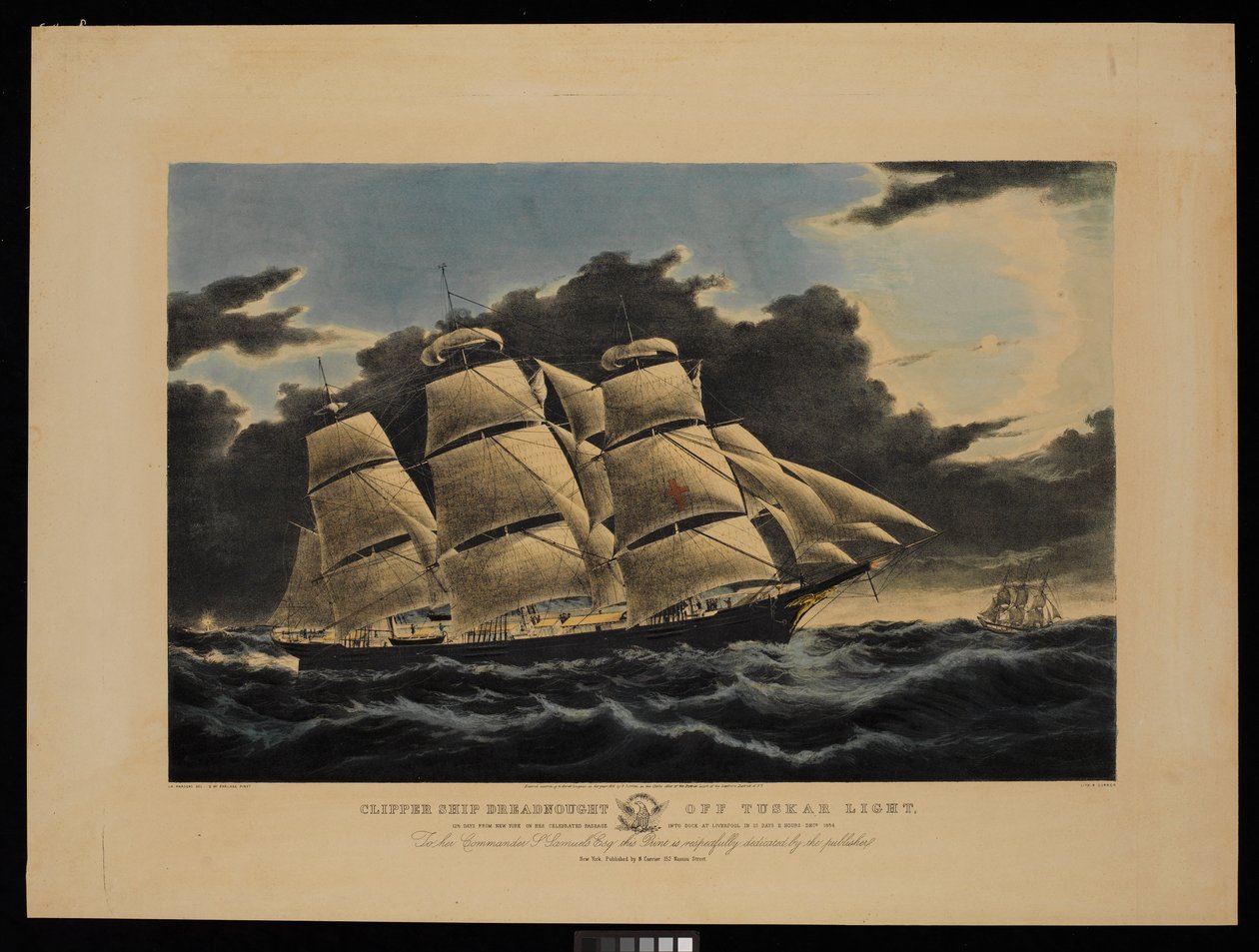 Clipperová loď Dreadnought u Tuskar Light 12 a půl dne od New Yorku při slavné plavbě do přístavu v Liverpoolu za 13 dní a 11 hodin prosinec 1854... (litografie, kolorovaná) od Charles & Mcfarlane Duncan (1818 1865) Parsons