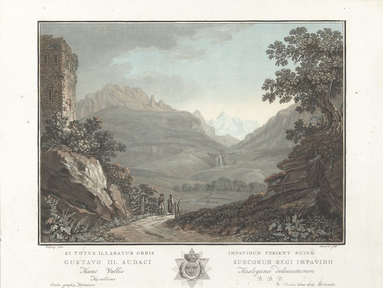 Berglandschap ve Zwitserlandu Pohled na údolí Oberhashi (název na objektu) Pozoruhodné výhledy na švýcarské hory (název série) od Charles Melchior Descourtis