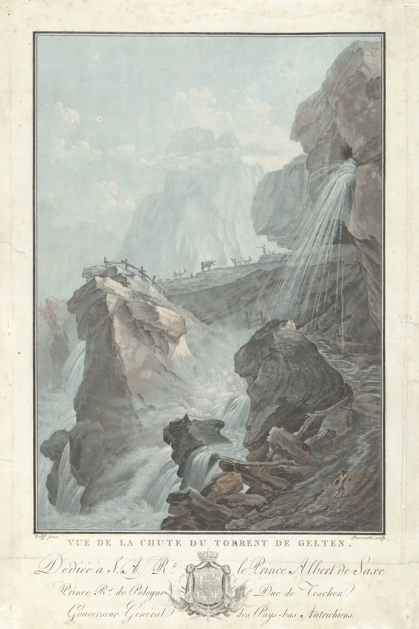 Pohled na vodopád Gelten Pohled na Chute du Torrent de Gelten (název na objektu) Pozoruhodný výhled na hory Švýcarska (název série) od Charles Melchior Descourtis