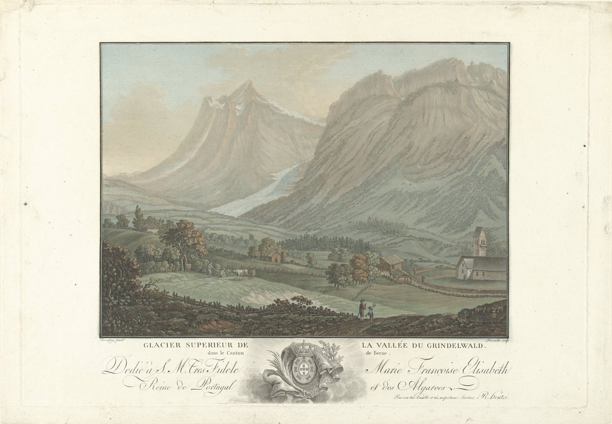 Gletsjer bij de valley van Grindelwald Horní ledovec v údolí Grindelwald v kantonu Bern (název na objektu) Pozoruhodné výhledy na švýcarské hory (název série) od Charles Melchior Descourtis