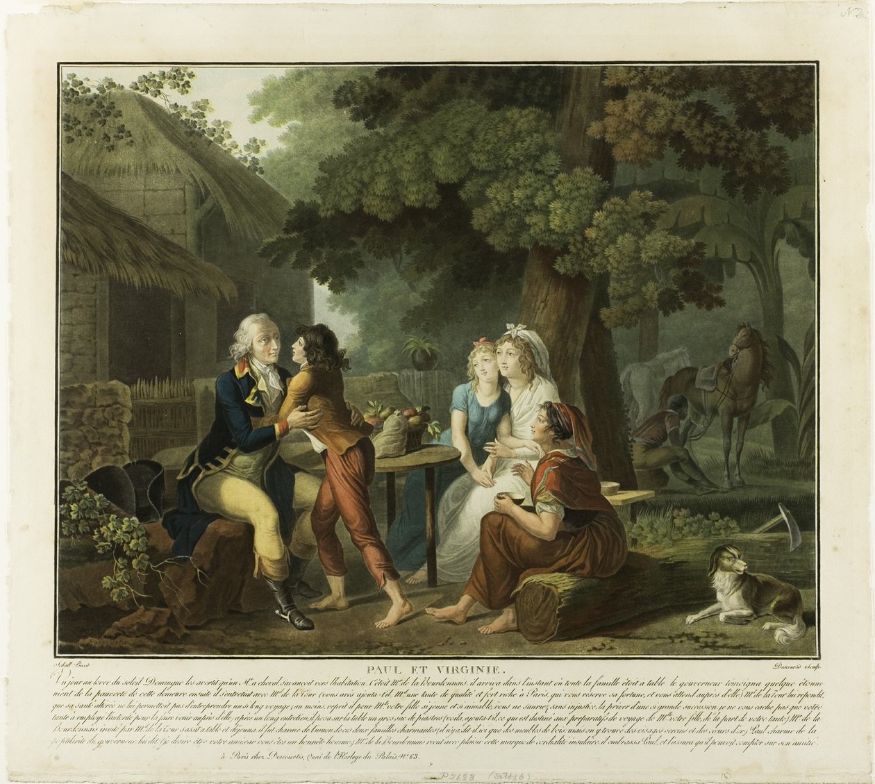 Příjezd pana de la Bourdonnais, deska 3 z knihy Paul et Virginie od Charles Melchior Descourtis