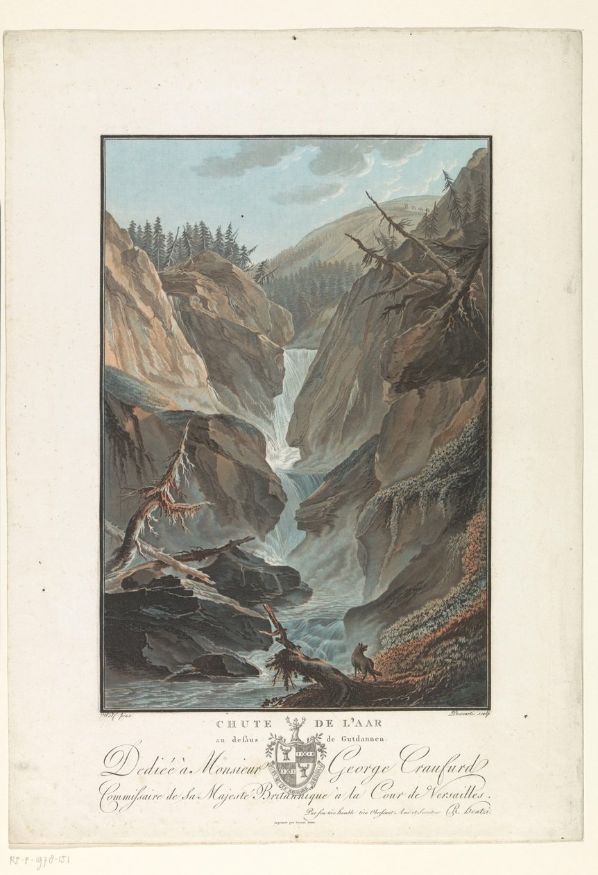 Waterval z řeky Aare Pád Aare nad Gutdannenem (název na objektu) Pozoruhodné výhledy na švýcarské hory (název série) od Charles Melchior Descourtis
