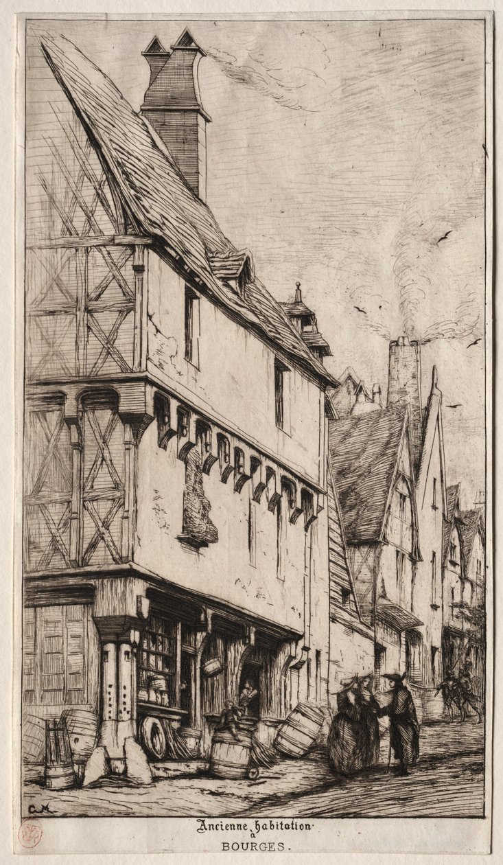 Starý dům v Bourges, někdy nazývaný Musicians House, 1860. od Charles Meryon
