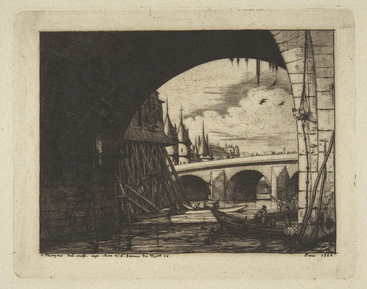 Oblouk, Pont Nôtre-Dame, Paříž, z cyklu „Leptané pohledy na Paříž“ od Charles Meryon