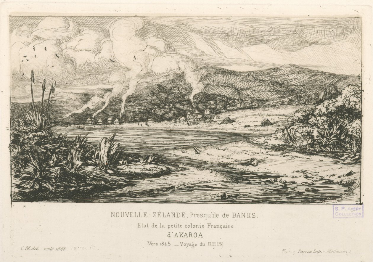 Stav malé francouzské kolonie Akaroa, ilustrace z 