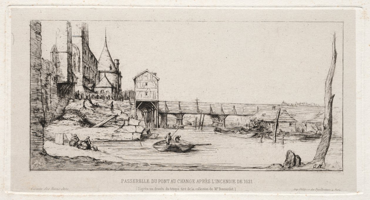 Lávka pro pěší dočasně nahrazující výměnný most v Paříži po požáru v roce 1621 od Charles Meryon