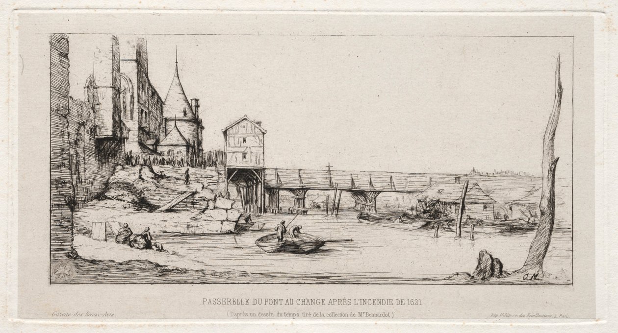Lávka pro pěší dočasně nahrazující výměnný most v Paříži po požáru v roce 1621, 1860. od Charles Meryon