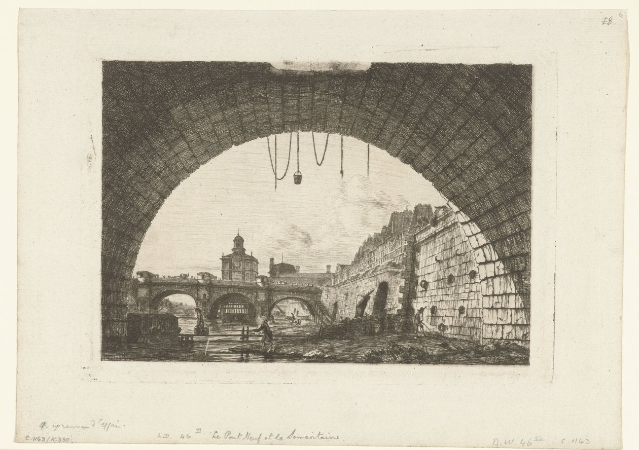 Gezicht op Pont-Neuf van onder boog Pont-au-Change v Paříži Pont Neuf a Samaritaine zpod prvního oblouku Pont au Change od Charles Meryon