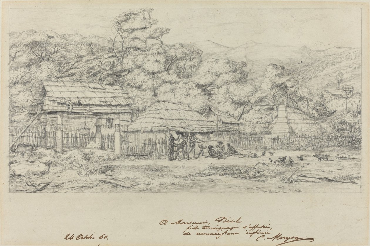 Původní sýpky a obydlí v Akaroa, Banks Island od Charles Meryon