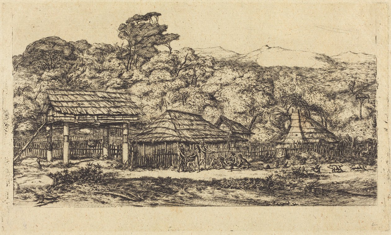 Domorodé sýpky a chýše v Akaroa, poloostrov Banks, 1845 od Charles Meryon