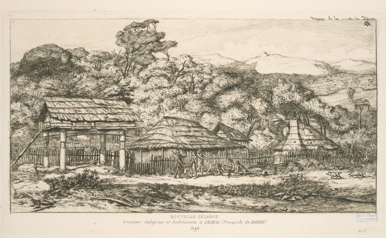 Původní sýpky a obydlí v Akaroa, poloostrov Banks, ilustrace z „Etchings of the Pacific“ od Charles Meryon