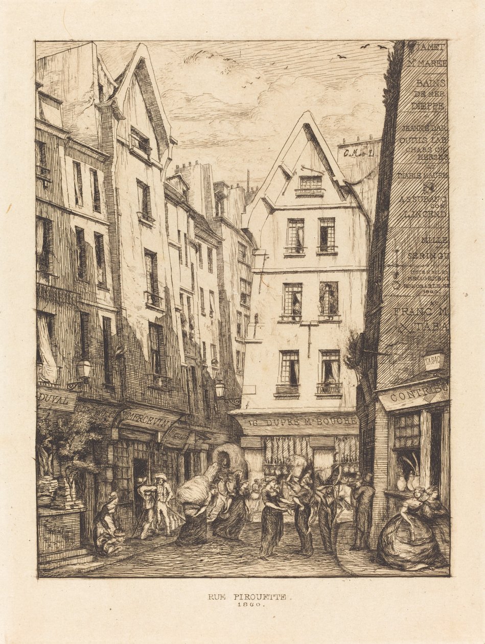 Rue Pirouette v Les Halles, Paříž (Pirouette Street, Near the Markets, Paris) od Charles Meryon