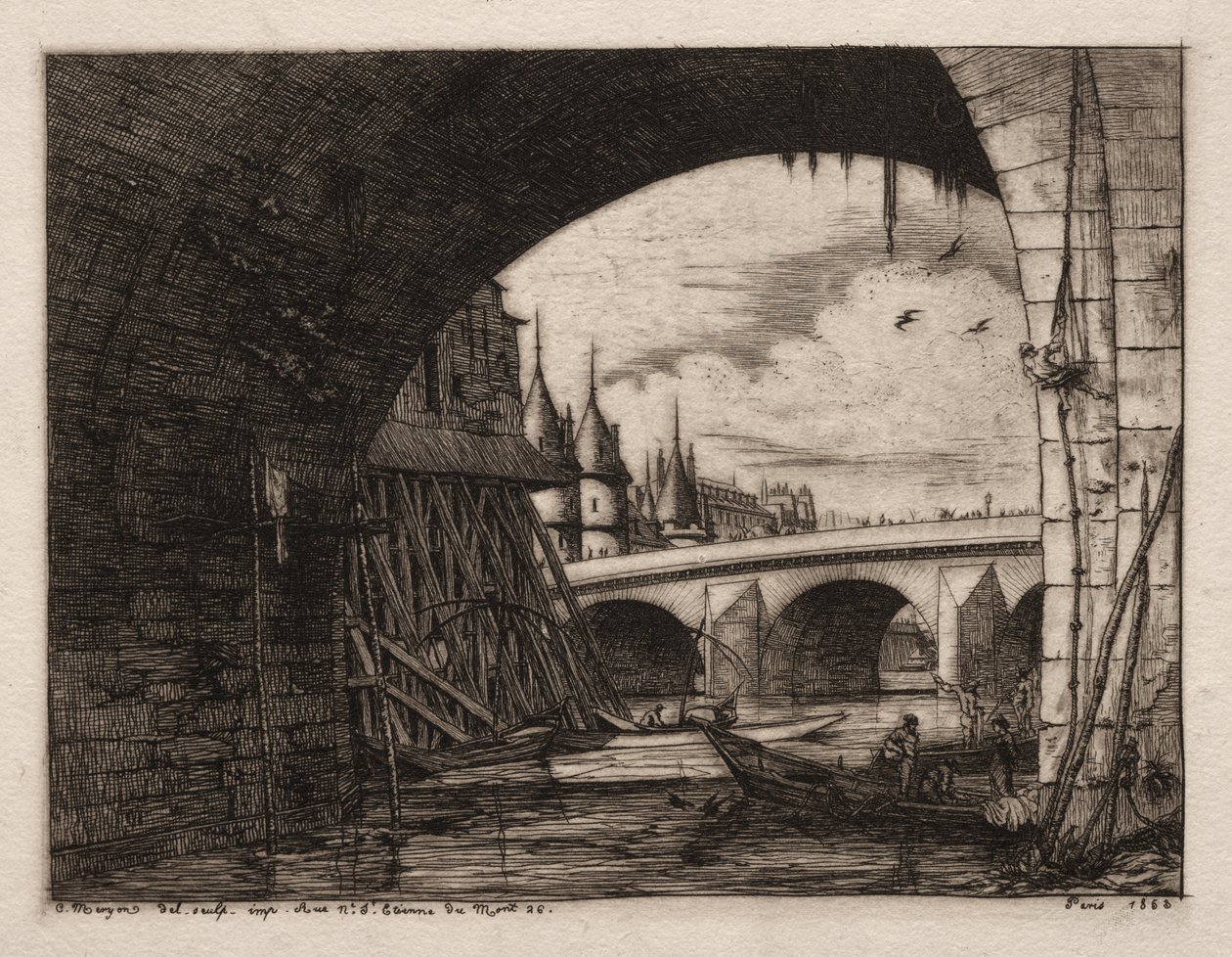 Oblouk Pont Notre Dame, Paříž od Charles Meryon
