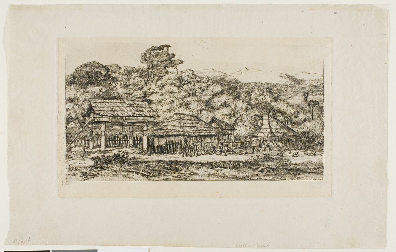 Domorodé stodoly a chatrče v Akaroa, Banksův poloostrov, 1845 od Charles Meryon