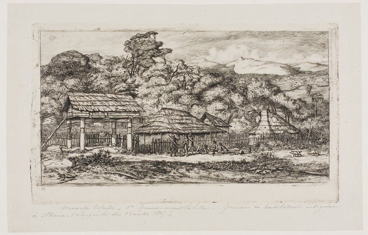Domorodé stodoly a chatrče v Akaroa, Banksův poloostrov, 1845 od Charles Meryon