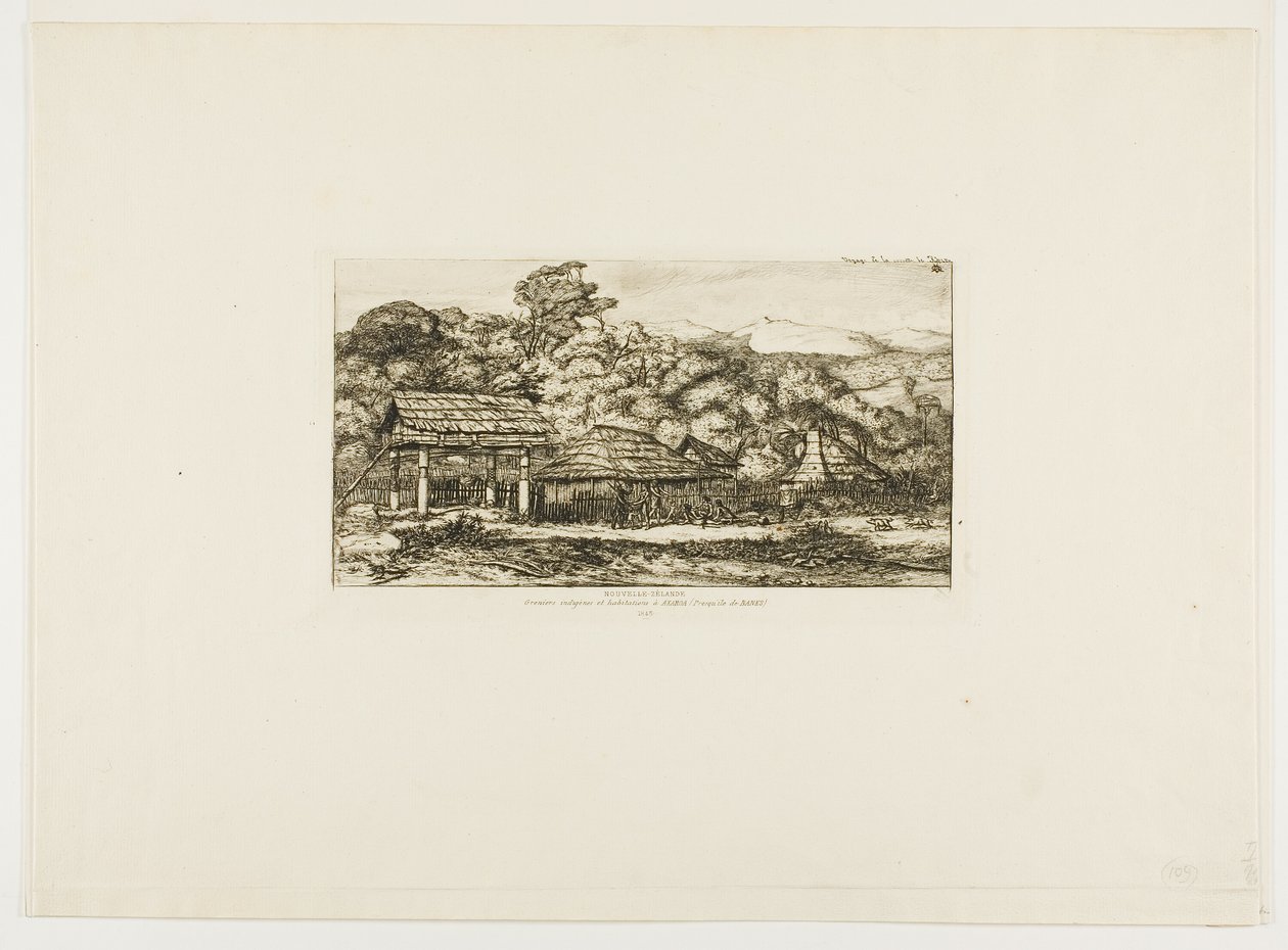 Domorodé stodoly a chatrče v Akaroa, Banksův poloostrov, 1845 od Charles Meryon