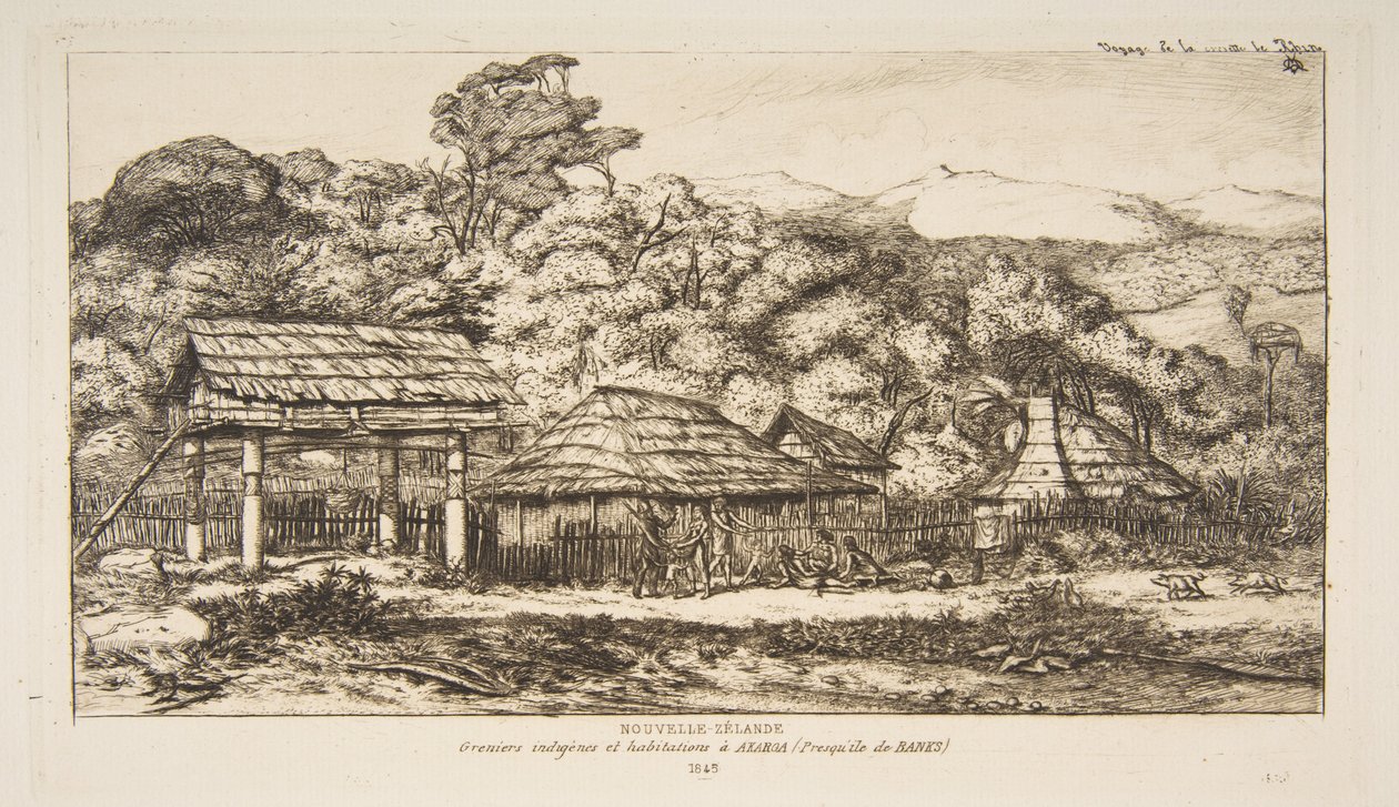 Domorodé stodoly a chýše v Akaroa na poloostrově Banks, 1845, z knihy „Cesta na Nový Zéland (1842-46)“ od Charles Meryon