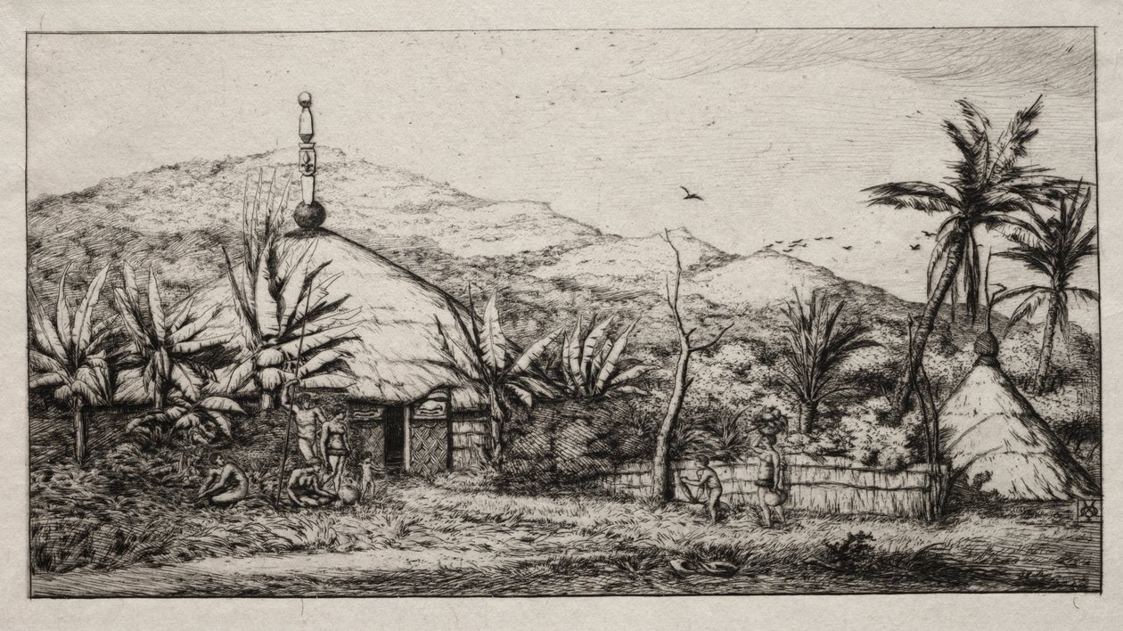 Nová Kaledonie: Velká nativní chýše na cestě z Balade do Puebo, 1845 od Charles Meryon