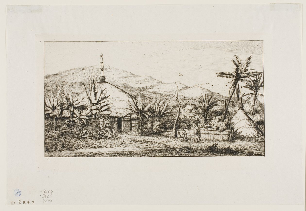 Nová Kaledonie: Velká nativní chýše na cestě z Balade do Puépo, 1845 od Charles Meryon