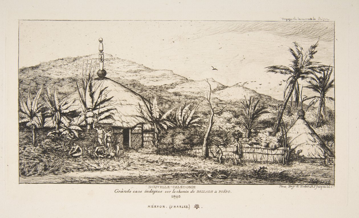 Nová Kaledonie: Velká domorodá chýše na cestě z Balade do Puebo, 1845, z knihy „Cesta na Nový Zéland (1842-46)“ od Charles Meryon