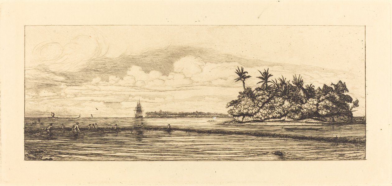 Oceánie, ostrovy v Uvea (Wallis); Peche aux palmes, 1845 (Oceánie: Rybaření, Blízké ostrovy s palmami v Uea nebo Wallis Group) od Charles Meryon