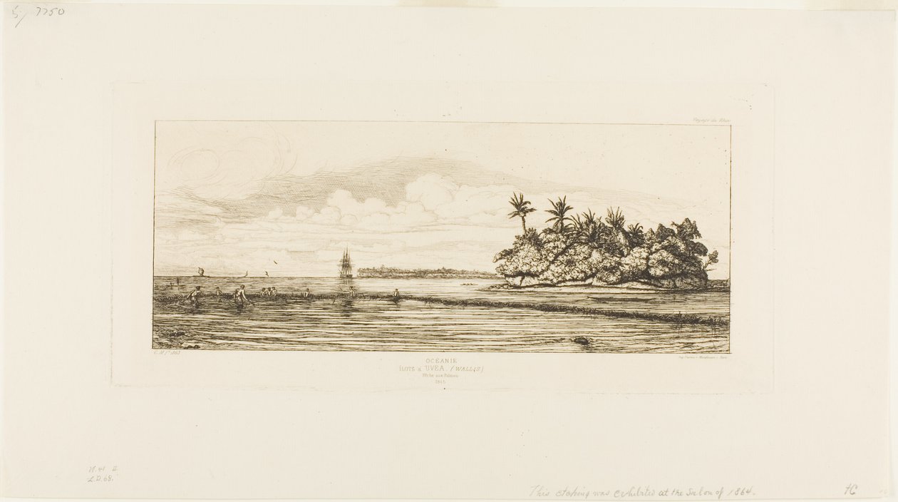 Oceánie: Rybaření, Blízké ostrovy s palmami v Uea nebo Wallis Group, 1845 od Charles Meryon