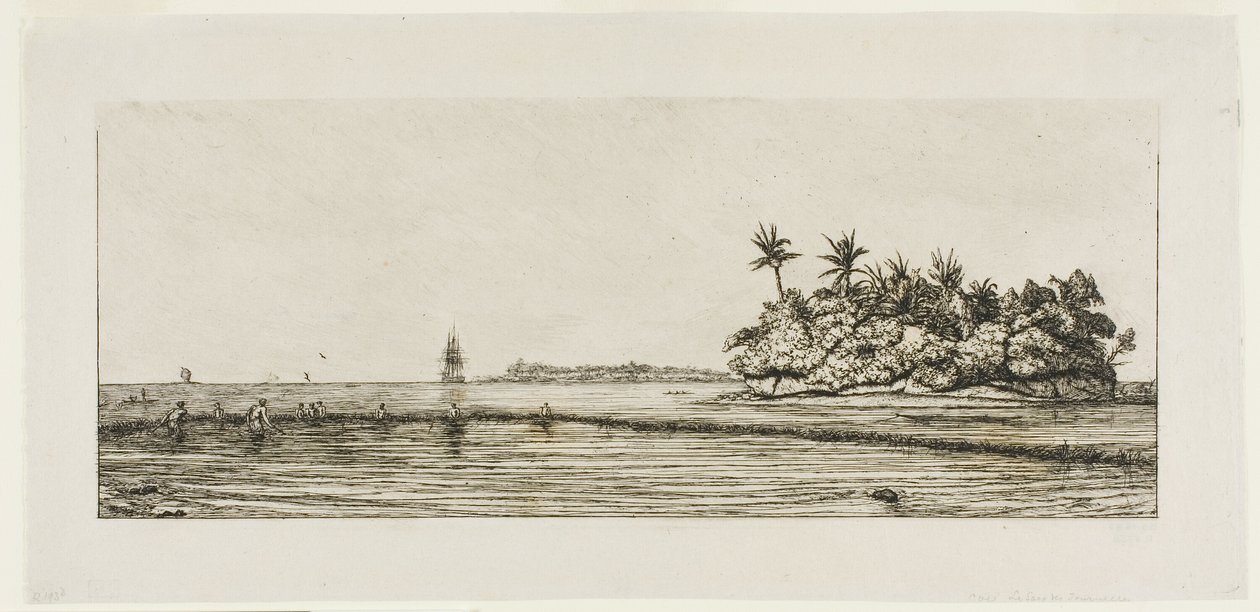 Oceánie: Rybaření, Blízké ostrovy s palmami v Uea nebo Wallis Group, 1845 od Charles Meryon