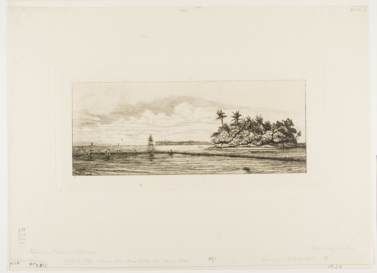 Oceánie: Rybaření, Blízké ostrovy s palmami v Uea nebo Wallis Group, 1845 od Charles Meryon