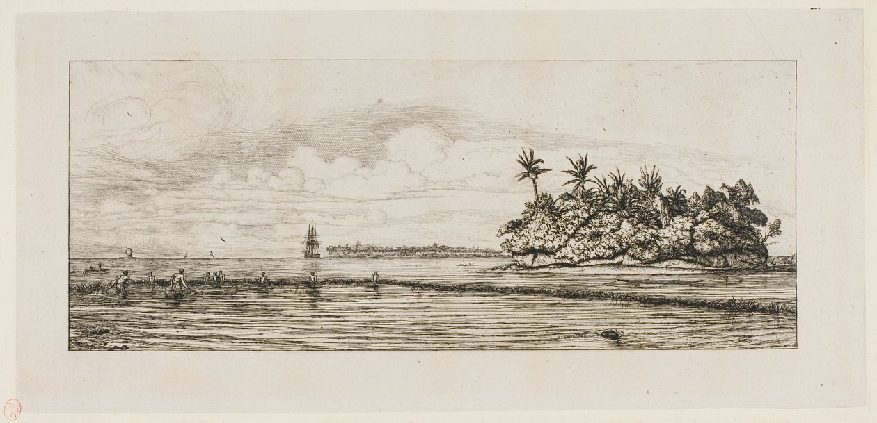 Oceánie: Rybaření, Blízké ostrovy s palmami v Uea nebo Wallis Group, 1845 od Charles Meryon