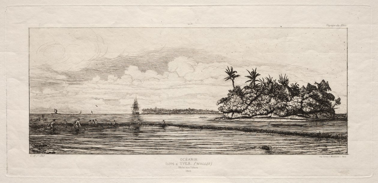 Oceánie: Rybolov u ostrovů s palmami v Uea nebo Wallis Group, 1845 od Charles Meryon