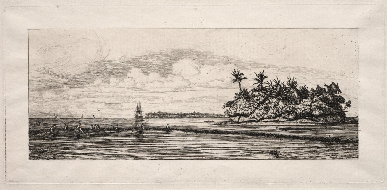 Oceánie: Rybolov u ostrovů s palmami v Uea nebo Wallis Group, 1863. od Charles Meryon