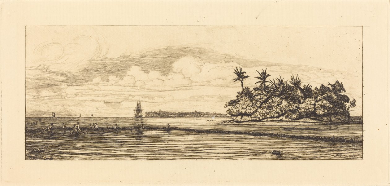 Oceánie, ostrůvky u Uvea (Wallis); Rybolov s ploutvemi, 1845 (Oceánie: Rybolov, v blízkosti ostrovů s palmami v souostroví Uvea neboli Wallis) od Charles Meryon
