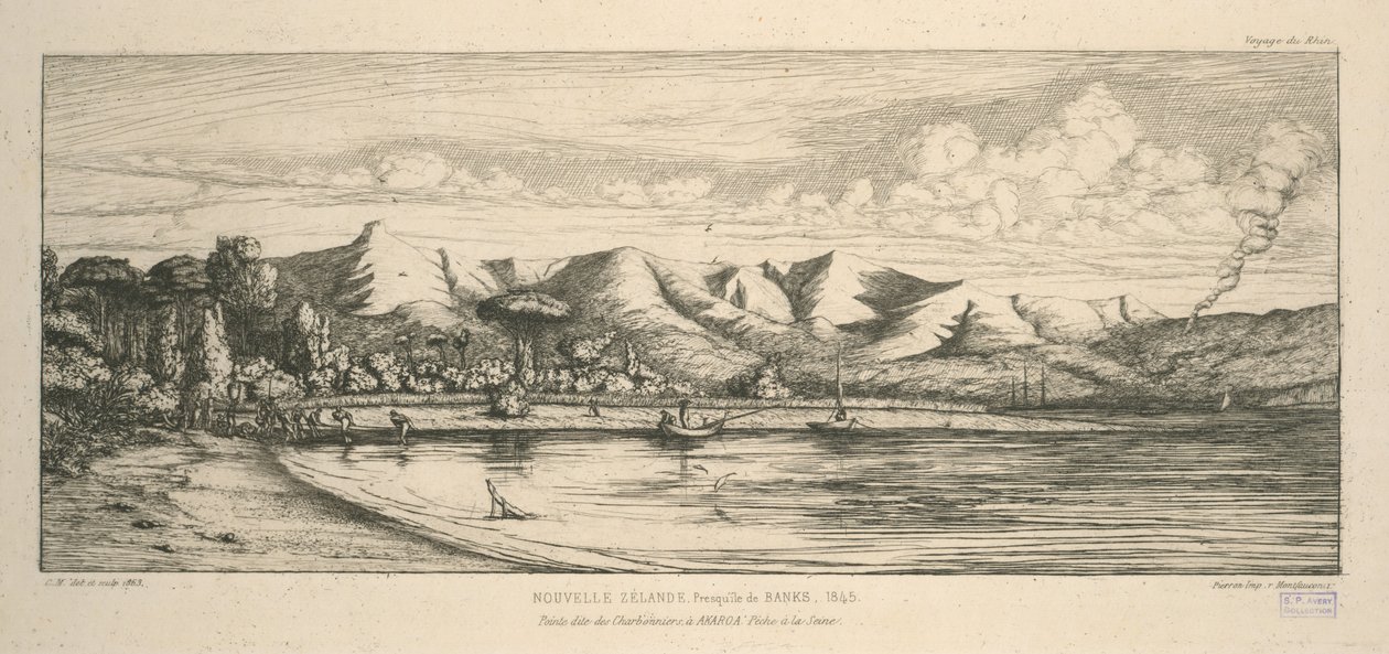 Banksův poloostrov, cíp zvaný Charbonniers, v Akaroa, rybolov nevodem, ilustrace z 