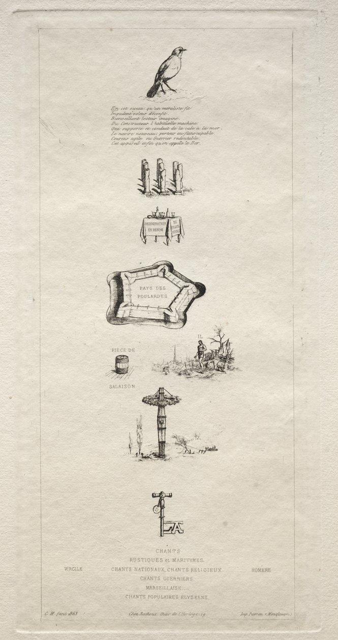Rebus: Beranger nebyl opravdu silný, protože nikdy neměl klíč k polím, 1863. od Charles Meryon