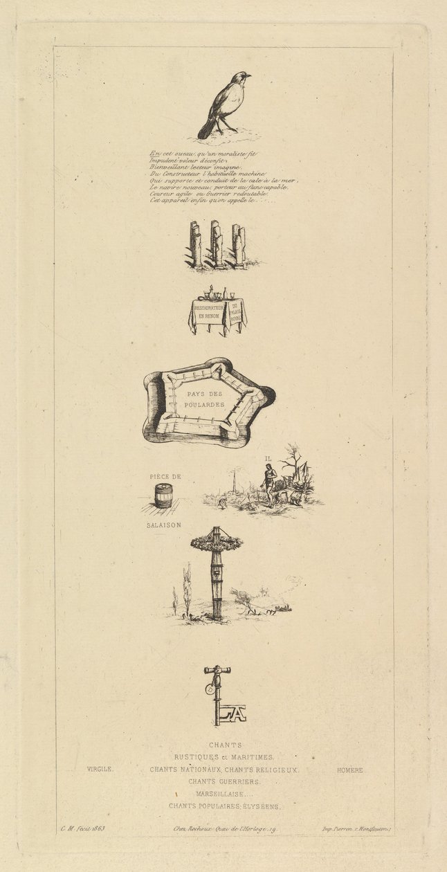 Rebus: Béranger nebyl moc silný, protože nikdy neměl klíč od polí, 1863. od Charles Meryon