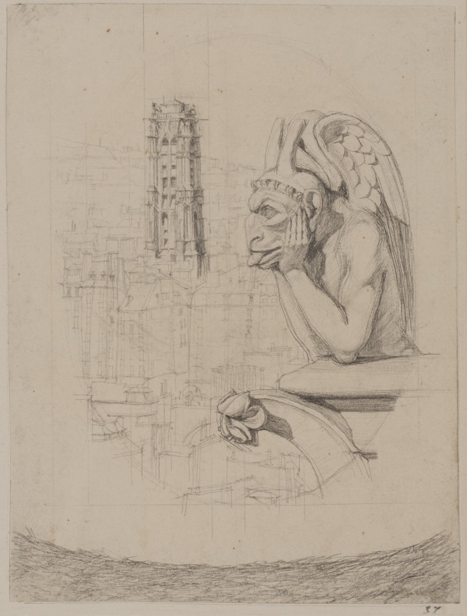 Studie pro „Le Stryge“: Chiméra a věž Saint-Jacques od Charles Meryon