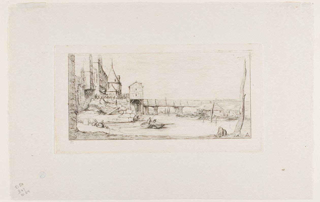 Lávka pro pěší dočasně nahrazující Pont-au-Change, Paříž, po požáru v roce 1621 od Charles Meryon