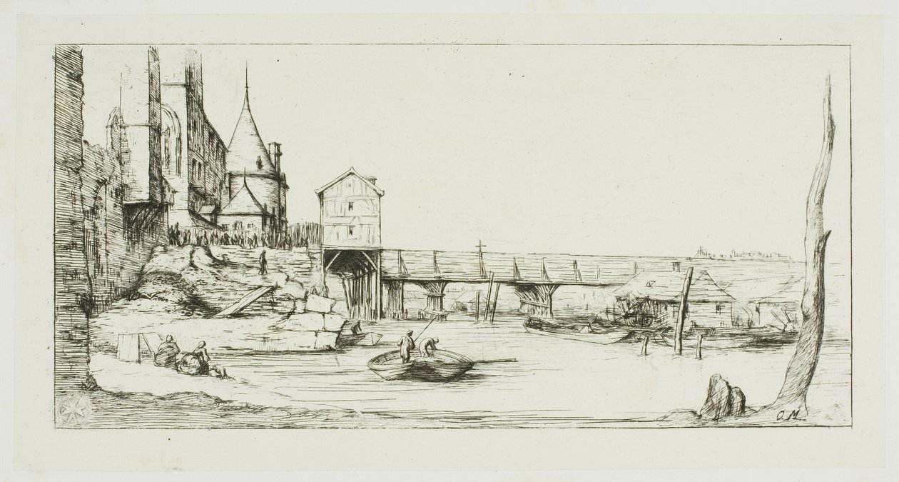 Lávka pro pěší dočasně nahrazující Pont-au-Change, Paříž, po požáru v roce 1621 od Charles Meryon