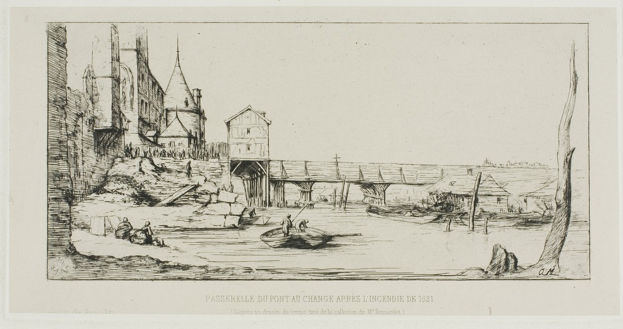 Lávka pro pěší dočasně nahrazující Pont-au-Change, Paříž, po požáru v roce 1621 od Charles Meryon