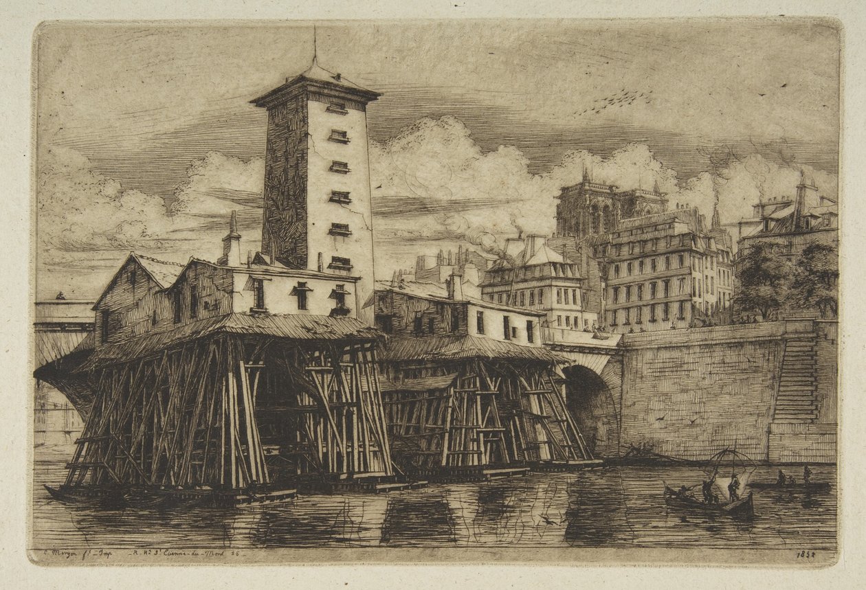 Pumpa Notre-Dame, z „Leptů Paříže“ od Charles Meryon