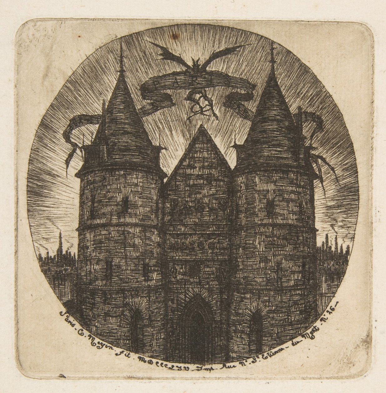 Starý vchod do Palais de Justice v Paříži, titulní list publikace „Etchings of Paris“ od Charles Meryon