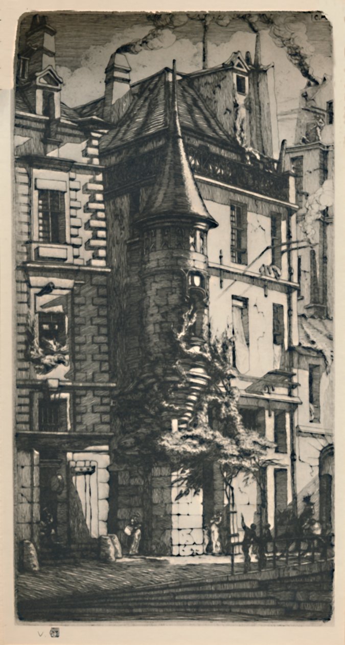 2nd State Tixéranderie Street Turret, 9 34 x 5 316 palců, 1852, 1927 od Charles Meryon