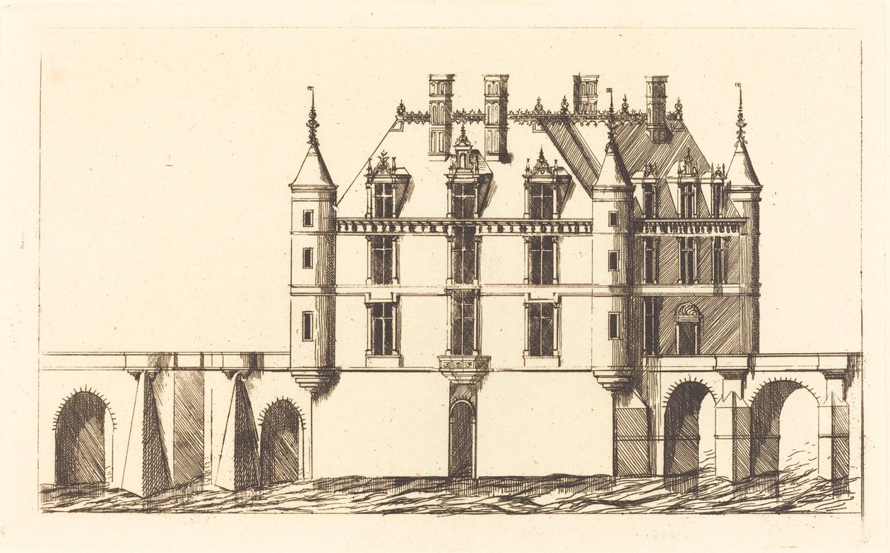Chateau de Chenonceau, 1. deska (Zámek Chenonceau, 1. deska) od Charles Meryon after Jacques Androuet Ducerceau I