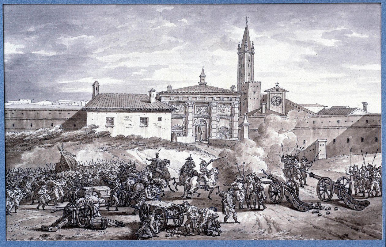 Italská tažení: „“ Napoleon Bonaparte (1769-1821) a marechal Augereau postavili v roce 1796 dělem dveře Verony v Itálii“““ Kresba perem připisovaná Charlesi Meynierovi (1768-1832). Ztlumit. 0,25x0,4m. Paříž, muzeum Louvre od Charles Meynier