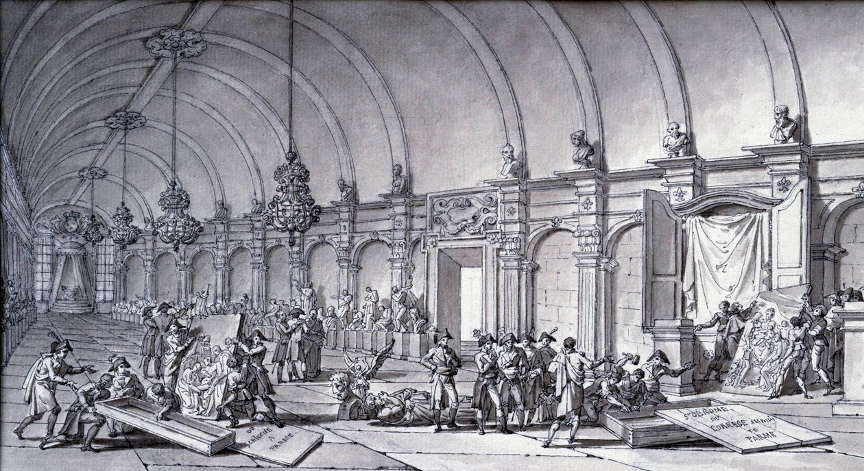 Drancování uměleckých děl za Napoleona Bonaparta: „Madona z Correge (Antonio Correggio) byla převzata z Akademie v Parmě a předána francouzským kurátorům v květnu 1796“. Kresba čínskou tuší od Charlese Meyniera (1768-1832). Ztlumit. 0,17x0,32 m od Charles Meynier