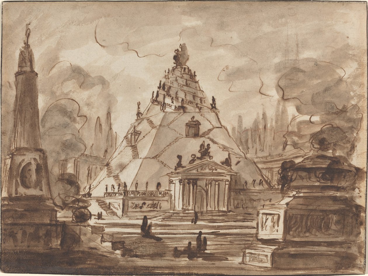 Architektonická fantazie s pyramidovým mauzoleem od Charles Michel Ange Challe