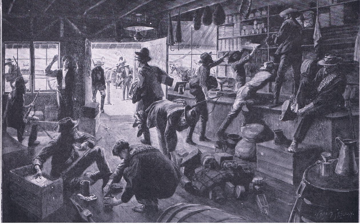 Búrové rabují obchod v majetku Grange River, ilustrace z Po Pretorii: Guerilla War, 1902 od Charles Mills Sheldon