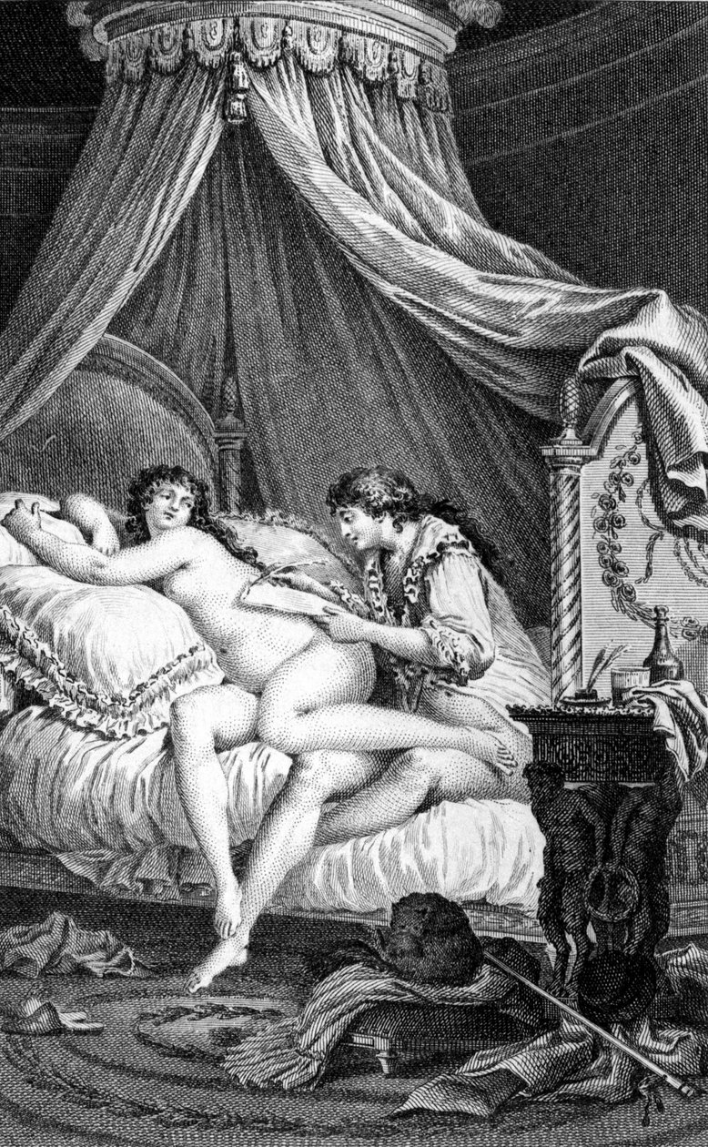 Ilustrace k „Dangerous Liaisons“ od Choderlose de Laclose. Rytina Charlese Monneta (1732 - 1808): Valmont píše dopis na záda Emilie (kurtizána). od Charles Monnet